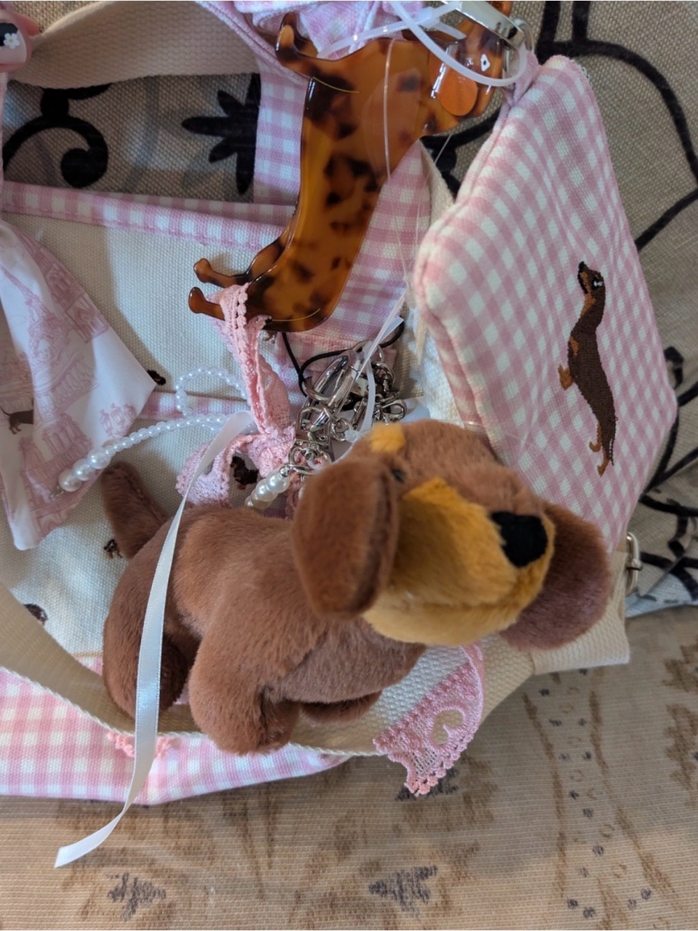 Madden Girl Pink Gingham Canvas Tote with Dachshund
Print